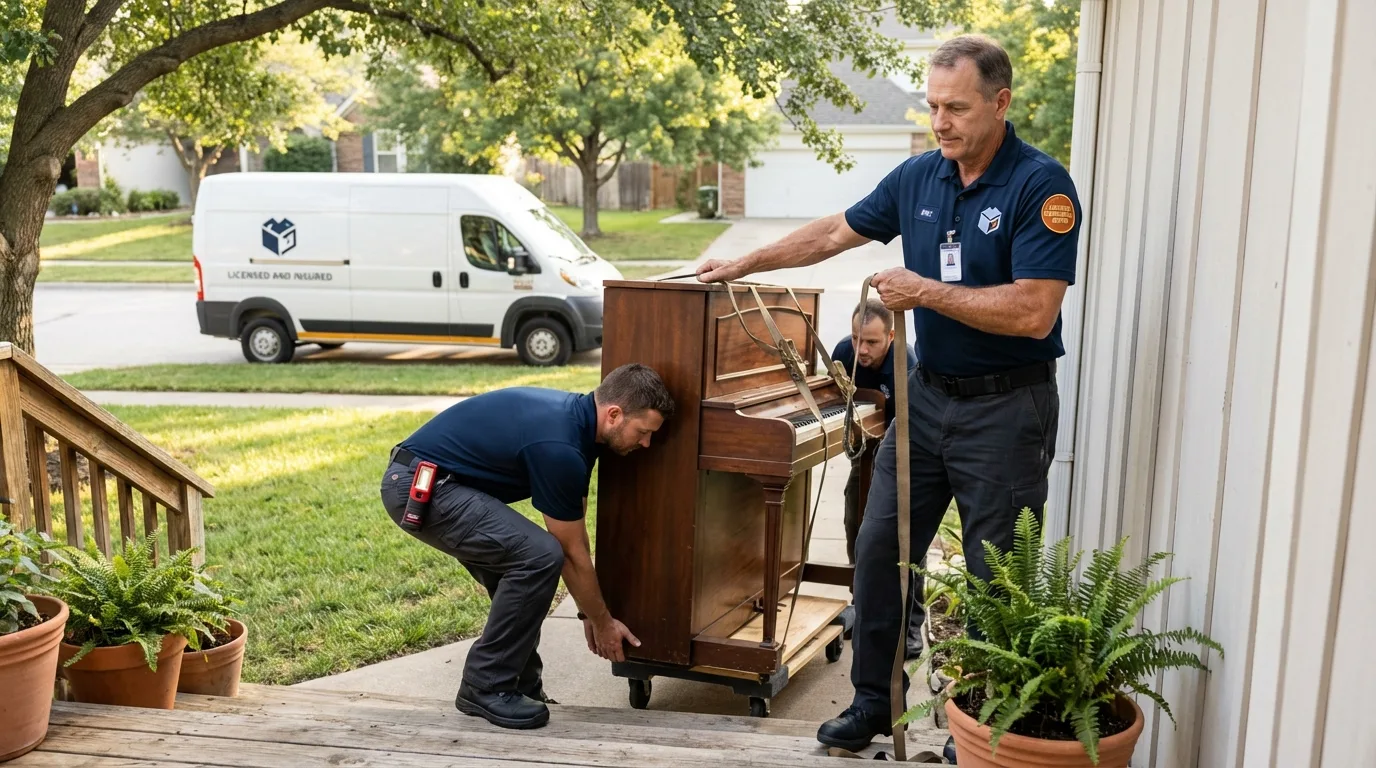 Licensed piano movers securing grand piano in Rockford, OH