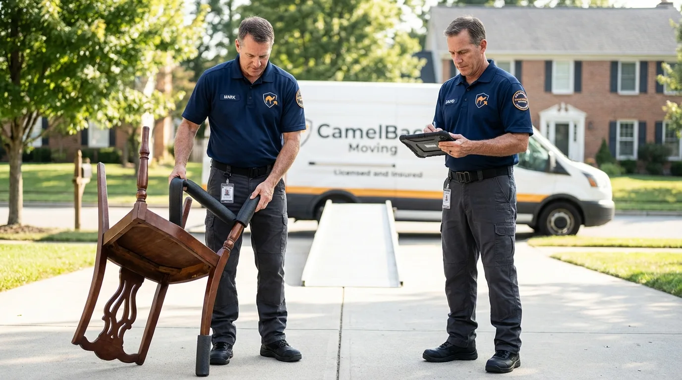 Movers inspecting furniture for damage prevention before loading in Rockford, OH