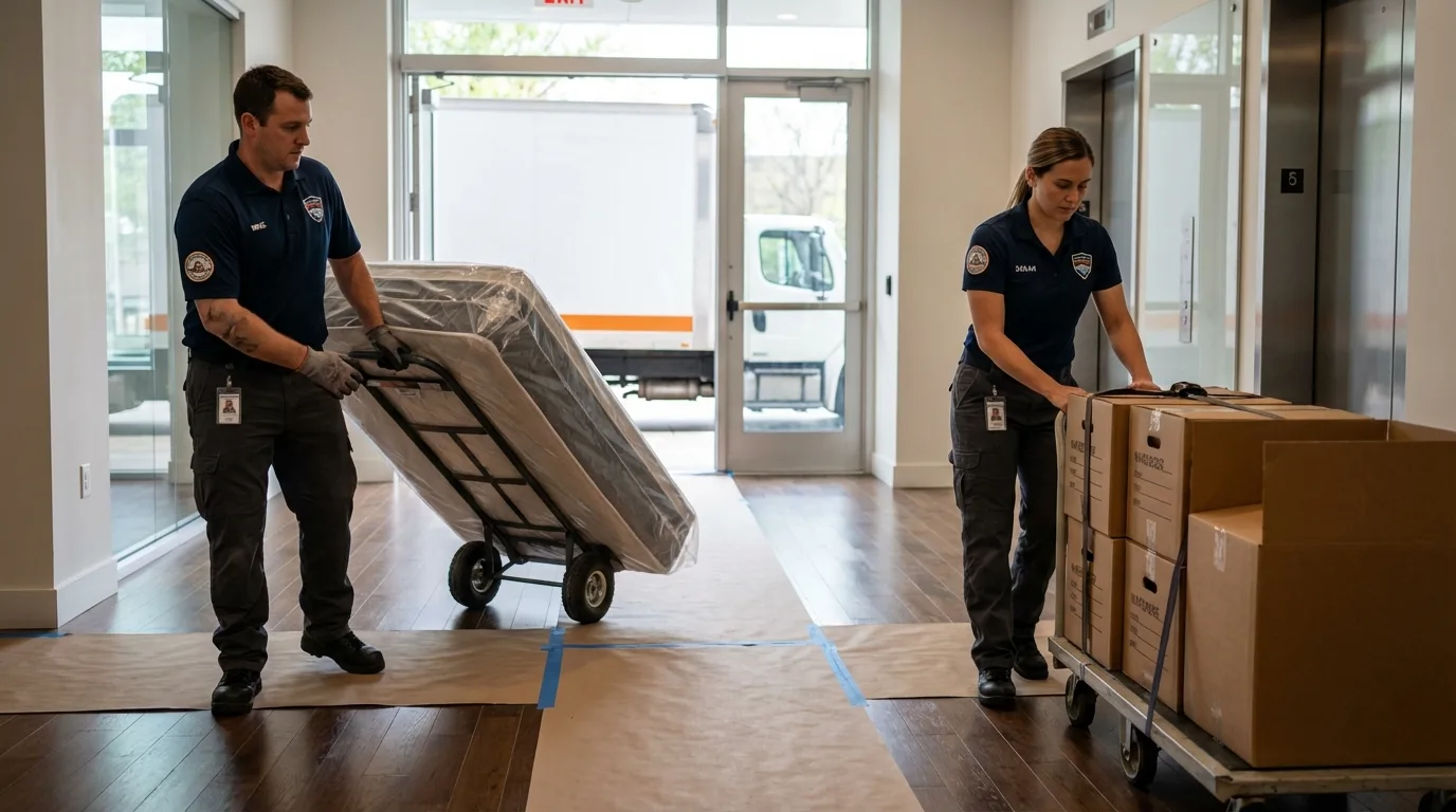 Professional apartment movers loading elevator in Rockford, OH